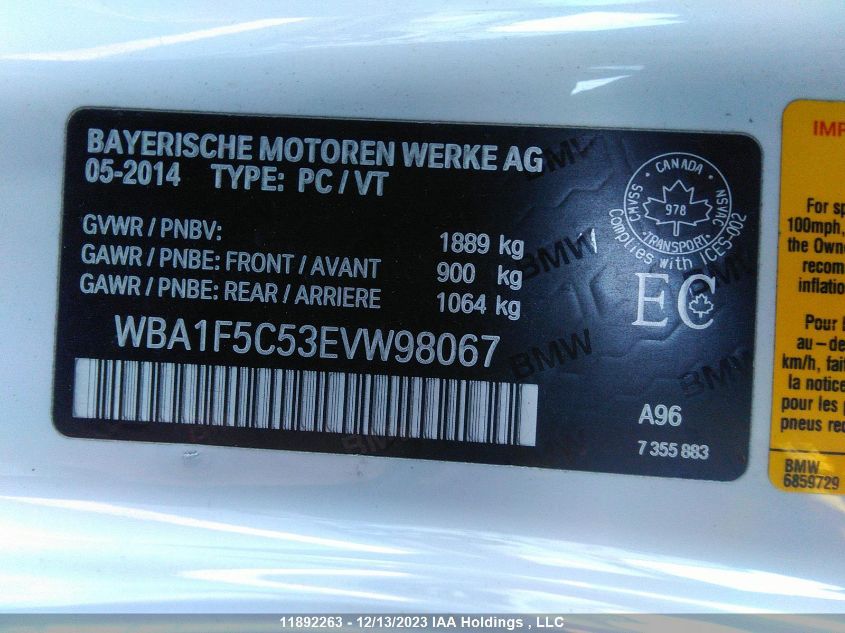 2014 BMW 2 Series 228I VIN: WBA1F5C53EVW98067 Lot: 11892263