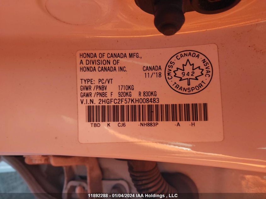 2019 Honda Civic Lx VIN: 2HGFC2F57KH008483 Lot: 11892288