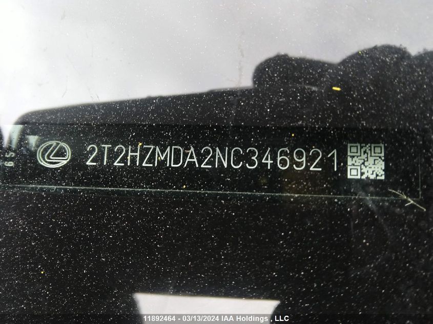 2022 Lexus Rx Rx 350 VIN: 2T2HZMDA2NC346921 Lot: 11892464