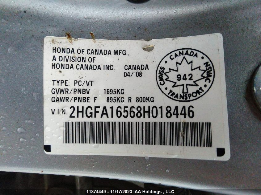 2008 Honda Civic Sdn Lx/Lx-Sr VIN: 2HGFA16568H018446 Lot: 11874449X