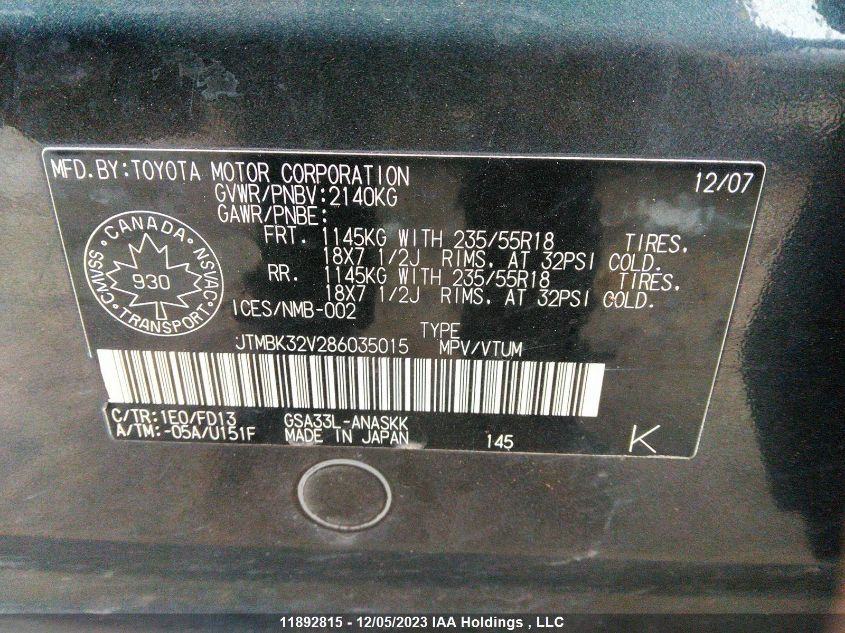 2008 Toyota Rav4 Sport VIN: JTMBK32V286035015 Lot: 11892815