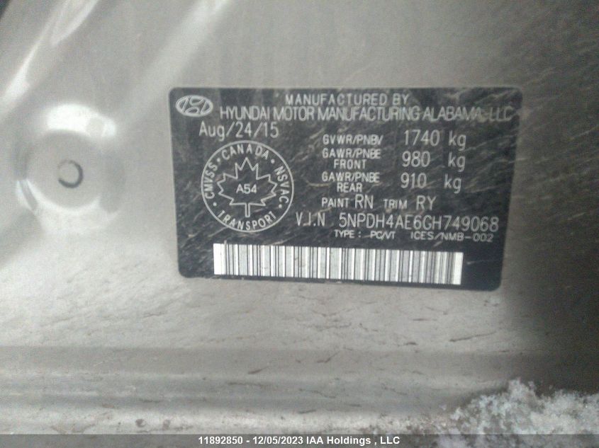 2016 Hyundai Elantra VIN: 5NPDH4AE6GH749068 Lot: 11892850