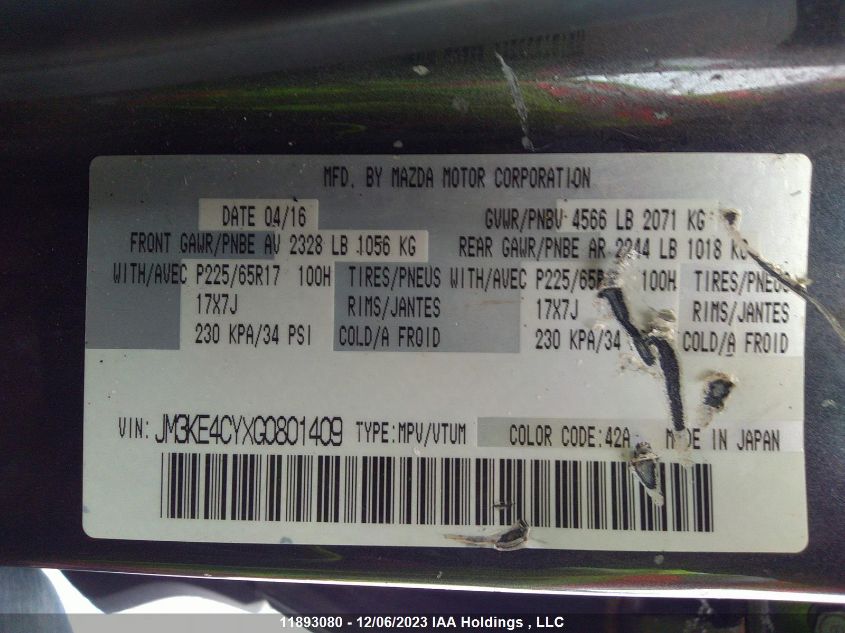 2016 Mazda Cx-5 Touring VIN: JM3KE4CYXG0801409 Lot: 11893080