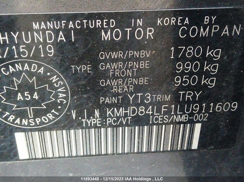 2020 Hyundai Elantra Sel/Value/Limited VIN: KMHD84LF1LU911609 Lot: 11893448