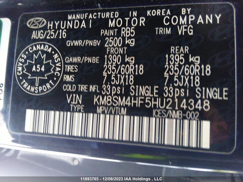 2017 Hyundai Santa Fe VIN: KM8SM4HF5HU214348 Lot: 11893765