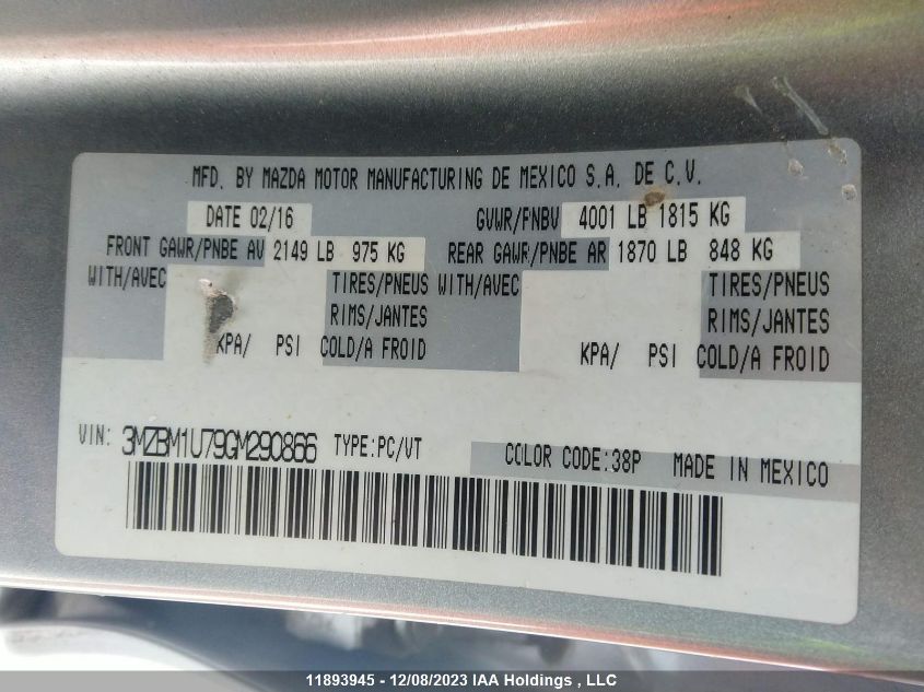 2016 Mazda Mazda3 VIN: 3MZBM1U79GM290866 Lot: 11893945