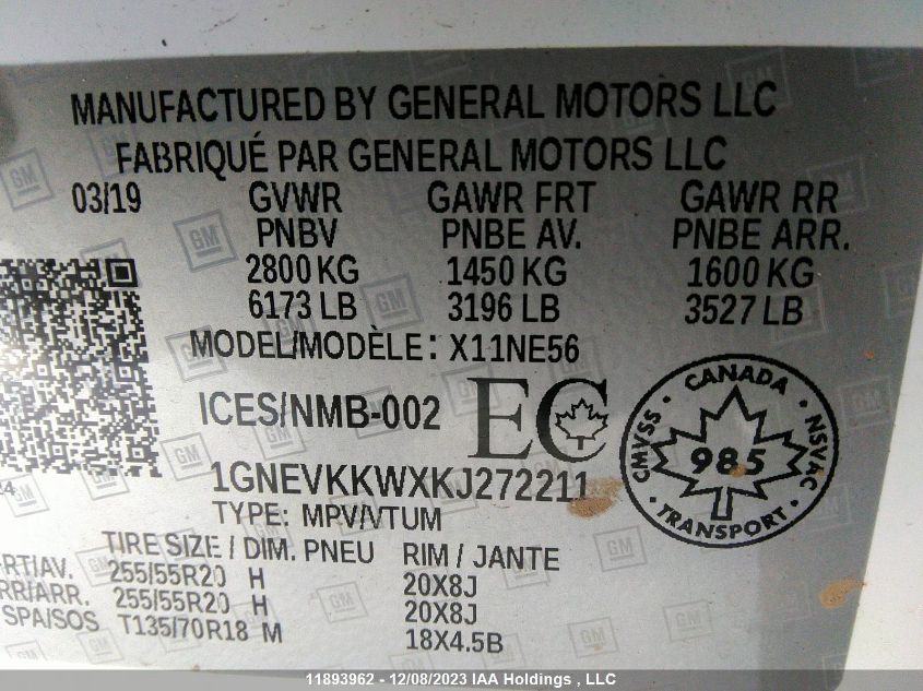 2019 Chevrolet Traverse Premier VIN: 1GNEVKKWXKJ272211 Lot: 11893962