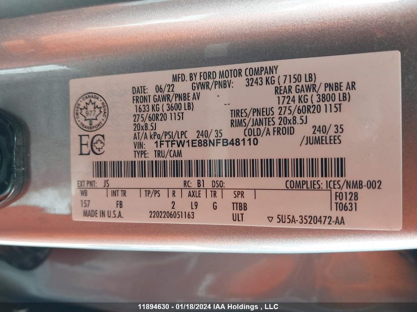 2022 Ford F-150 VIN: 1FTFW1E88NFB48110 Lot: 11894630