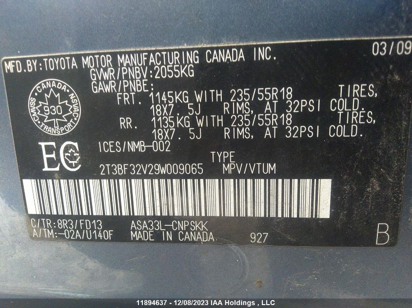 2T3BF32V29W009065 2009 Toyota Rav4 Sport