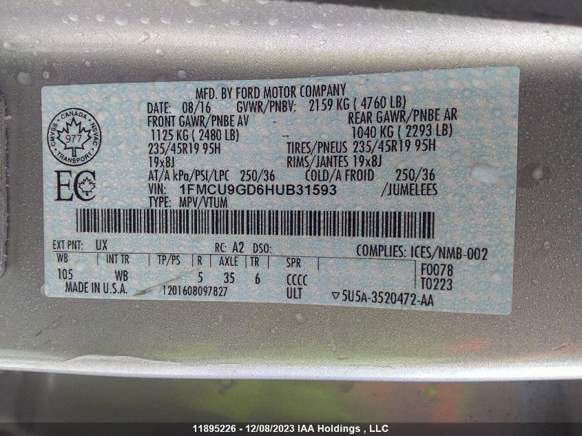 2017 Ford Escape Se VIN: 1FMCU9GD6HUB31593 Lot: 11895226