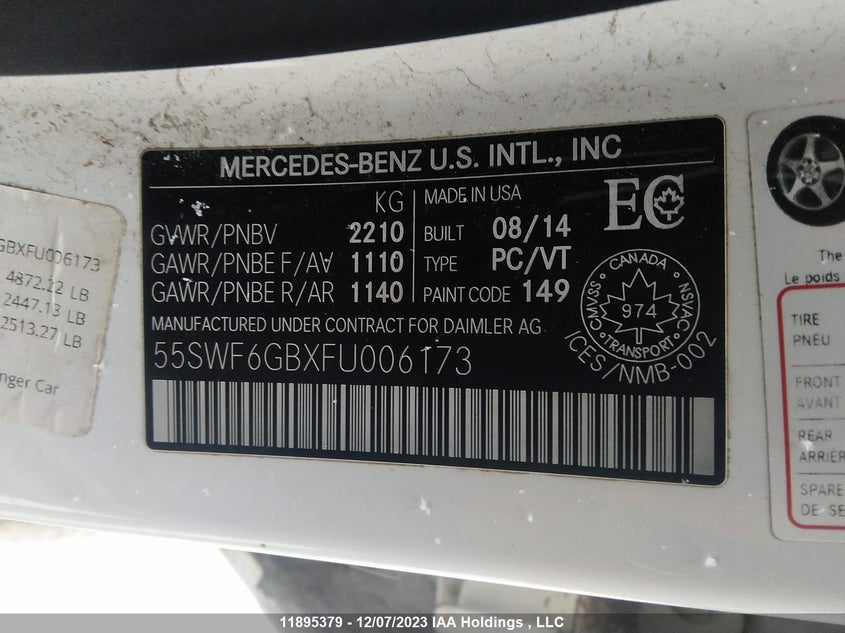 2015 Mercedes-Benz C-Class C 400 VIN: 55SWF6GBXFU006173 Lot: 11895379