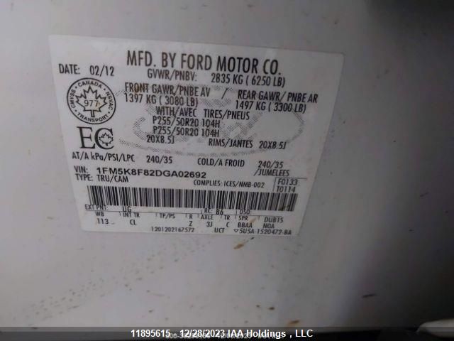 2013 Ford Explorer Limited VIN: 1FM5K8F82DGA02692 Lot: 11895615