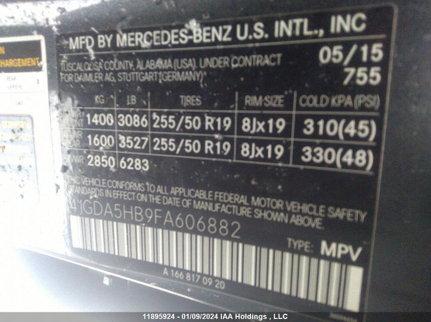 2015 Mercedes-Benz M-Class Ml 350 VIN: 4JGDA5HB9FA606882 Lot: 11895924