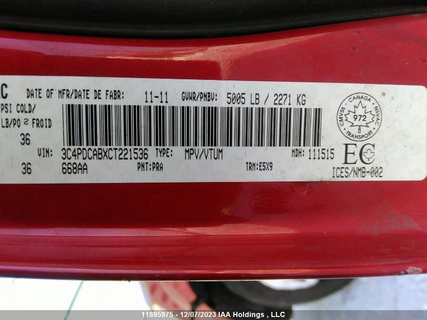 2012 Dodge Journey Cvp/Se Plus VIN: 3C4PDCABXCT221536 Lot: 11895975