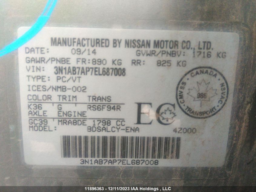 2014 Nissan Sentra S/Sv/Sr/Sl VIN: 3N1AB7AP7EL687008 Lot: 11896363