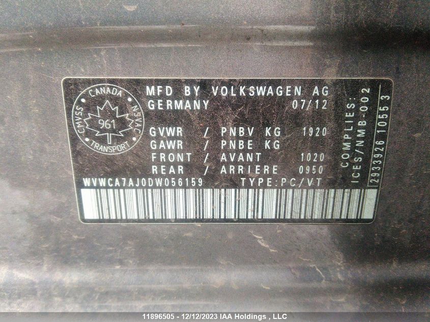 2013 Volkswagen Golf VIN: WVWCA7AJ0DW056159 Lot: 11896505