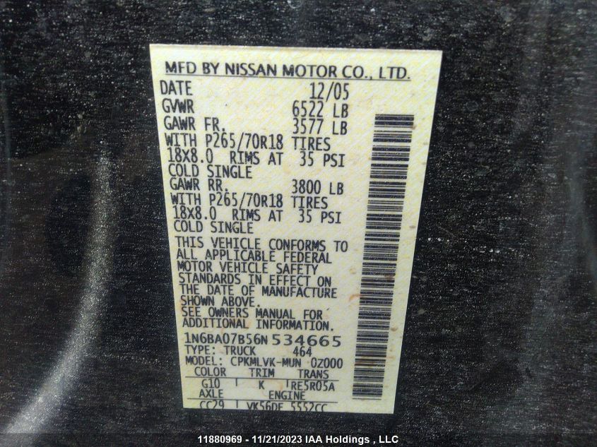 2006 Nissan Titan Le VIN: 1N6BA07B56N534665 Lot: 11880969X