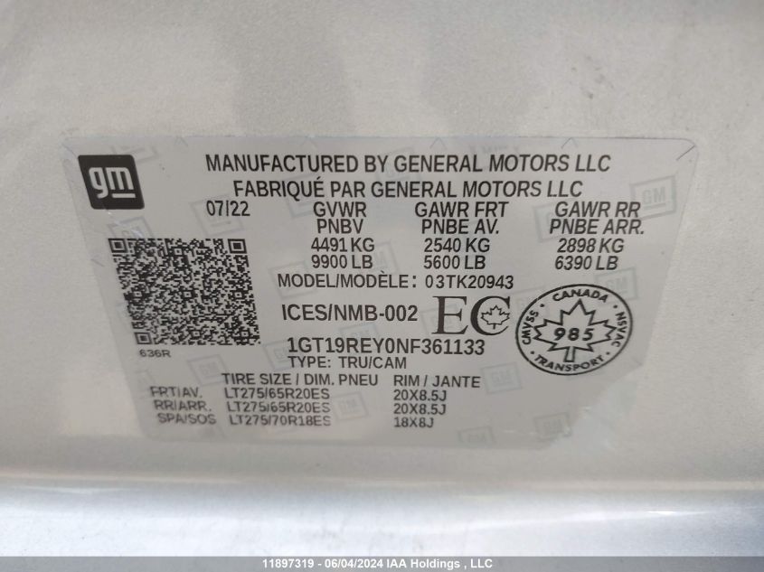 2022 GMC Sierra 2500Hd Denali VIN: 1GT19REY0NF361133 Lot: 11897319