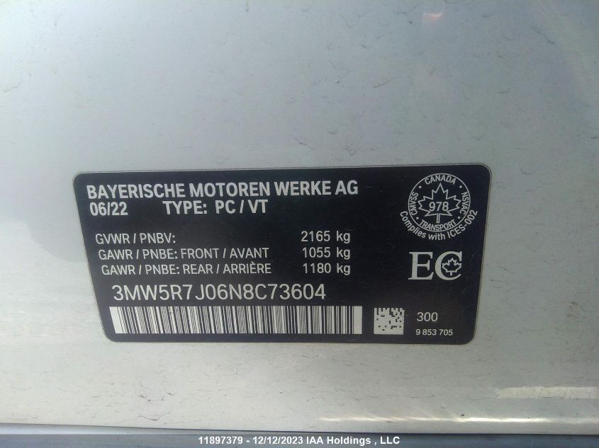 2022 BMW 3 Series 330I xDrive VIN: 3MW5R7J06N8C73604 Lot: 11897379