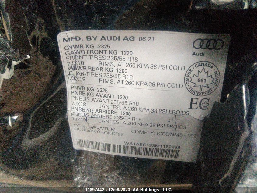 2021 Audi Q3 Komfort 45 VIN: WA1AECF33M1152289 Lot: 11897442