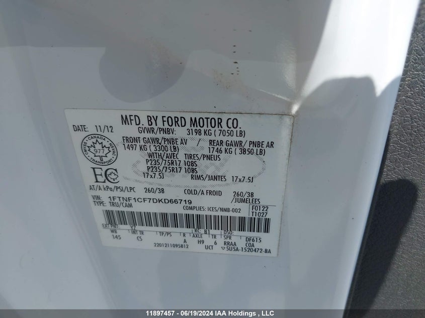 2013 Ford F150 VIN: 1FTNF1CF7DKD66719 Lot: 11897457