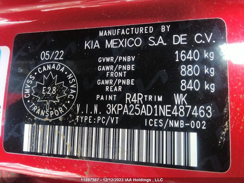 2022 Kia Rio S VIN: 3KPA25AD1NE487463 Lot: 11897587