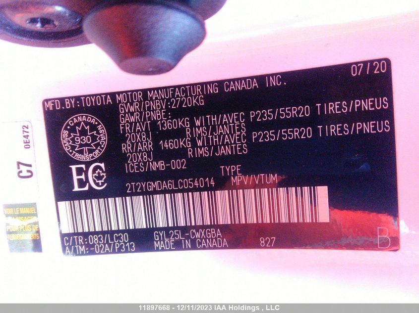 2020 Lexus Rx 450H F-Sport VIN: 2T2YGMDA6LC054014 Lot: 11897668