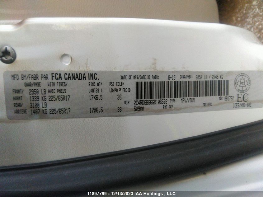 2016 Dodge Grand Caravan Canada Value Package VIN: 2C4RDGBG6GR106502 Lot: 11897799