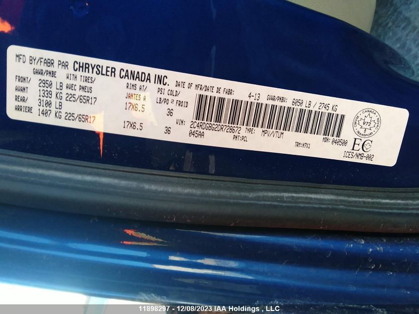 2013 Dodge Grand Caravan Se VIN: 2C4RDGBG2DR728672 Lot: 11898297