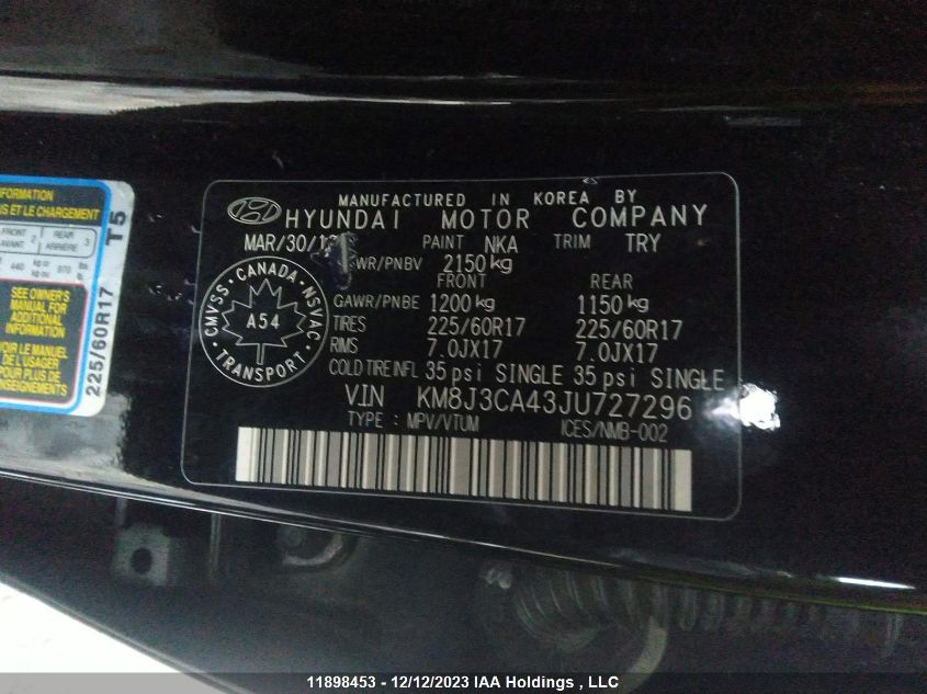 2018 Hyundai Tucson VIN: KM8J3CA43JU727296 Lot: 11898453