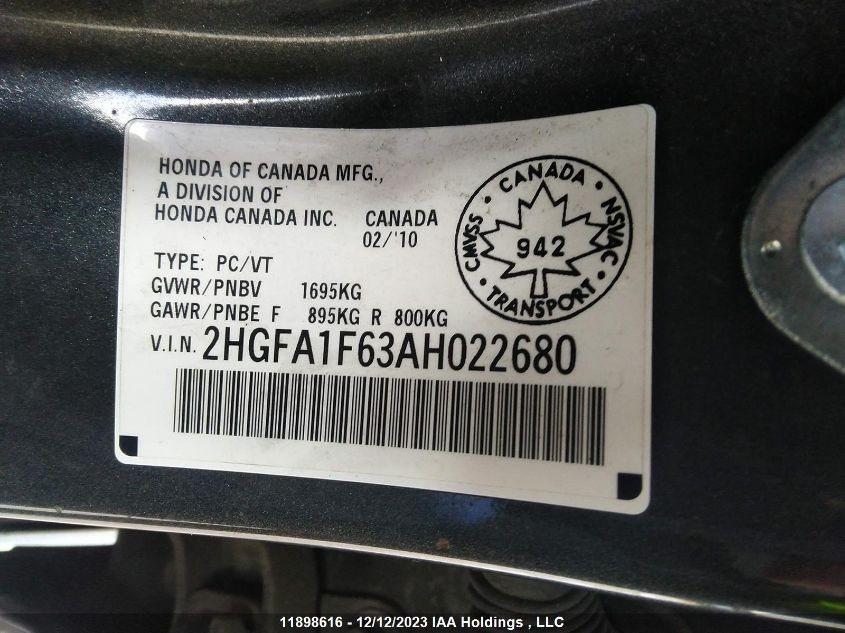 2010 Honda Civic Sdn VIN: 2HGFA1F63AH022680 Lot: 11898616