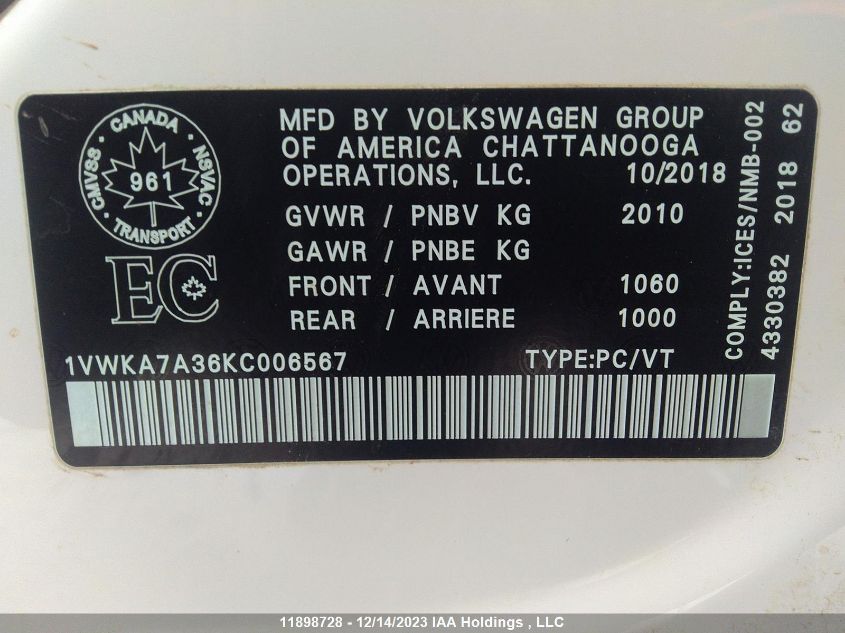 2019 Volkswagen Passat VIN: 1VWKA7A36KC006567 Lot: 11898728