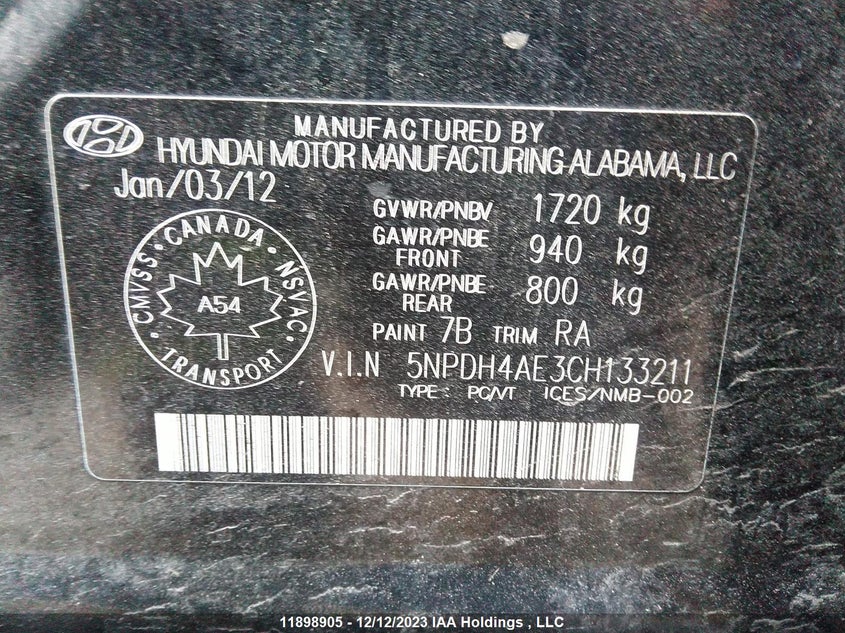 2012 Hyundai Elantra Gl VIN: 5NPDH4AE3CH133211 Lot: 11898905