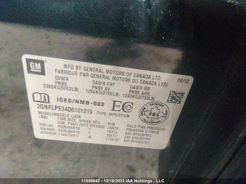 2013 Chevrolet Equinox VIN: 2GNFLPE34D6101219 Lot: 11899042