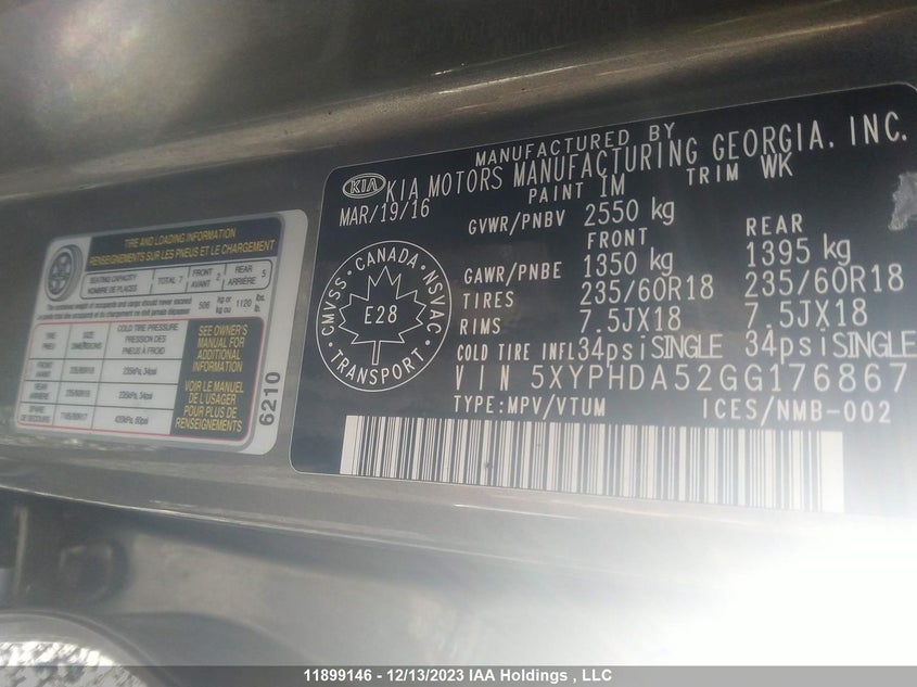 2016 Kia Sorento Ex VIN: 5XYPHDA52GG176867 Lot: 11899146