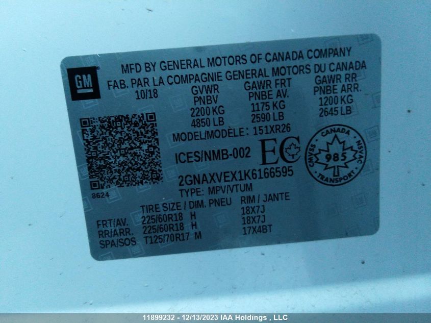 2019 Chevrolet Equinox Lt VIN: 2GNAXVEX1K6166595 Lot: 11899232