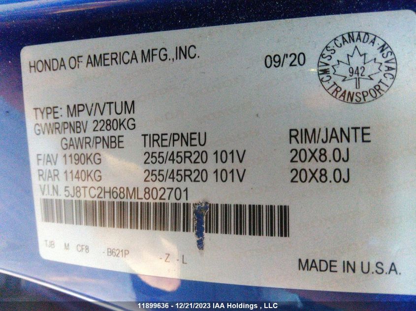 2021 Acura Rdx VIN: 5J8TC2H68ML802701 Lot: 11899636