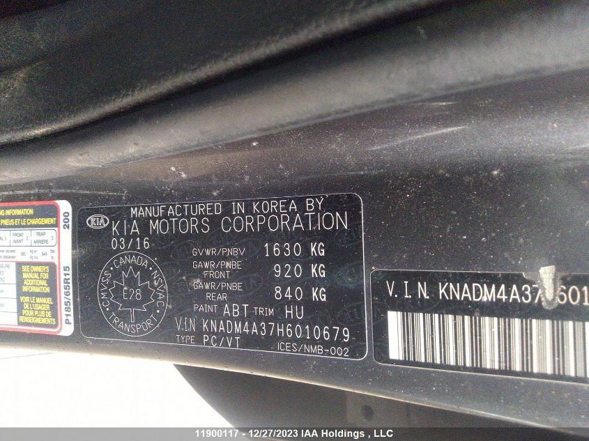 2017 Kia Rio VIN: KNADM4A37H6010679 Lot: 11900117