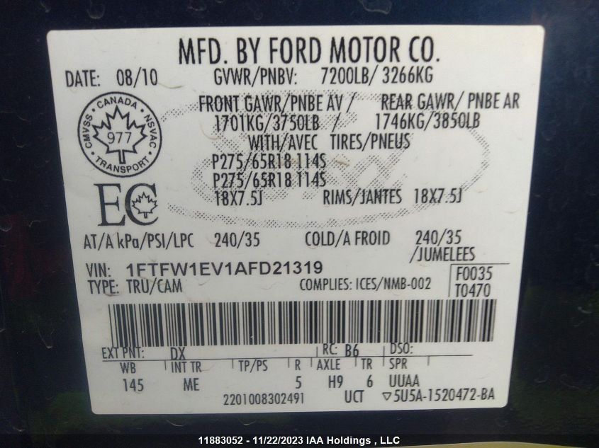 2010 Ford F-150 Xlt/Fx4/Lariat VIN: 1FTFW1EV1AFD21319 Lot: 11883052X