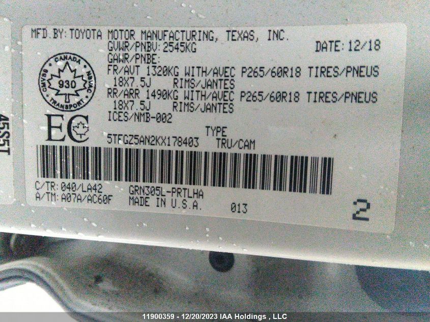 2019 Toyota Tacoma Double Cab/Ltd VIN: 5TFGZ5AN2KX178403 Lot: 11900359