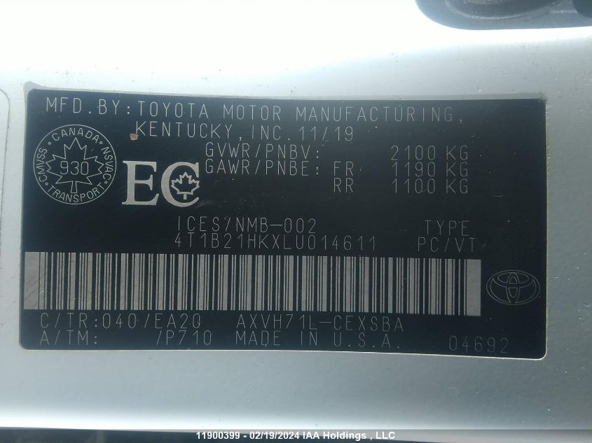 2020 Toyota Camry Hybrid Se VIN: 4T1B21HKXLU014611 Lot: 11900399