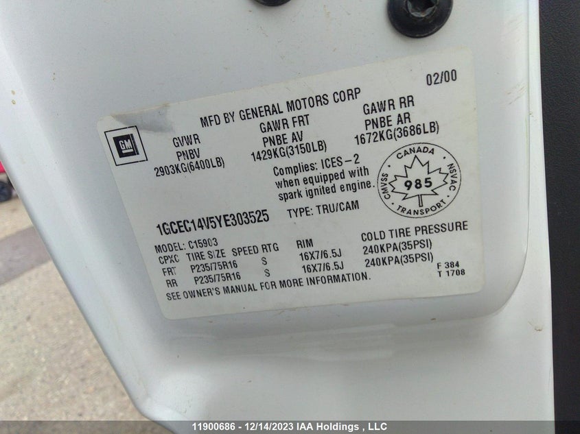 2000 Chevrolet Silverado C1500 VIN: 1GCEC14V5YE303525 Lot: 11900686