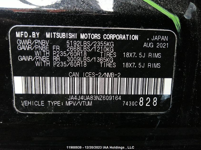 2022 Mitsubishi Outlander VIN: JA4J4UA83NZ609164 Lot: 11900939