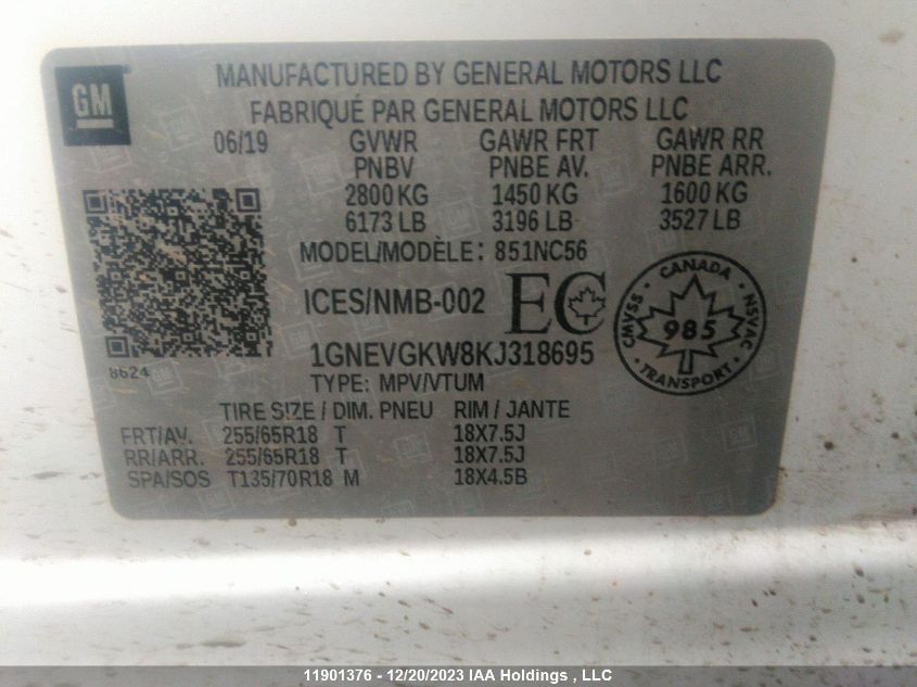 2019 Chevrolet Traverse VIN: 1GNEVGKW8KJ318695 Lot: 11901376