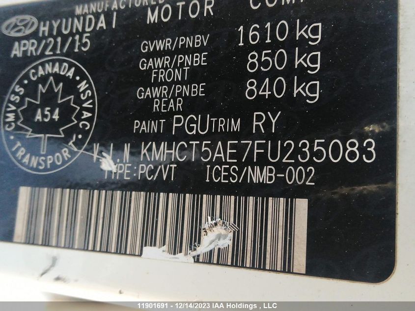 2015 Hyundai Accent Gs VIN: KMHCT5AE7FU235083 Lot: 11901691