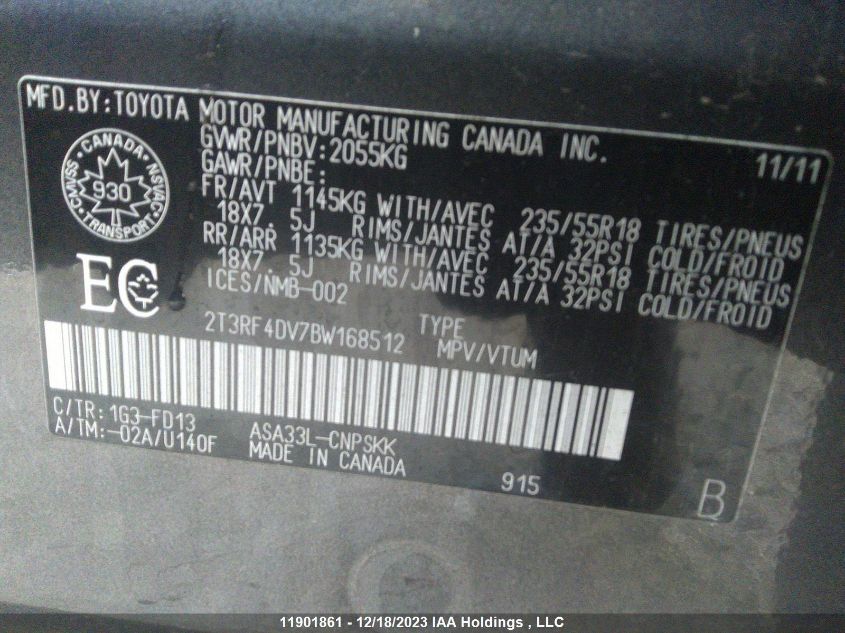 2011 Toyota Rav4 Sport VIN: 2T3RF4DV7BW168512 Lot: 11901861