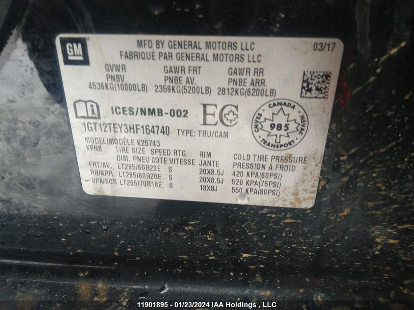 2017 GMC Sierra 2500Hd VIN: 1GT12TEY3HF164740 Lot: 11901895