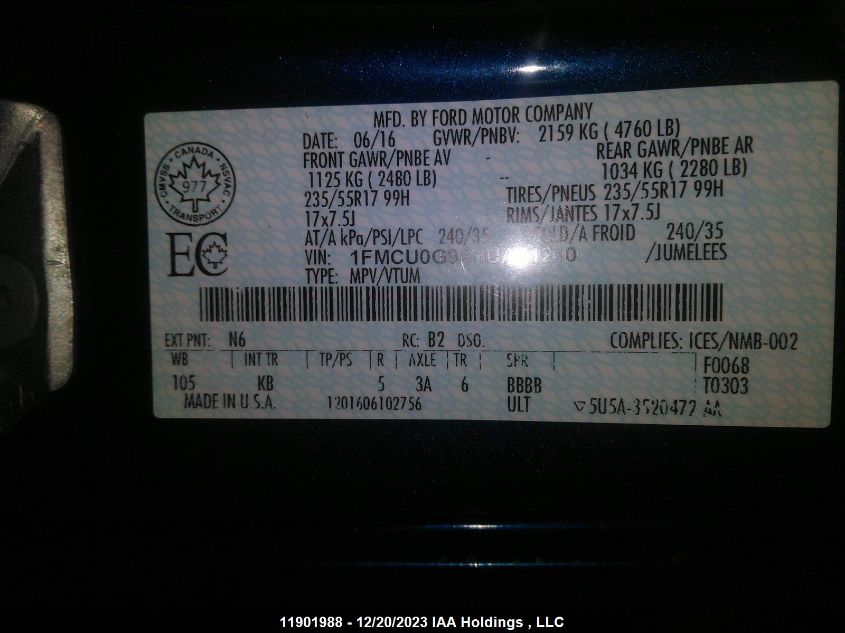 2017 Ford Escape VIN: 1FMCU0G94HUA71210 Lot: 11901988