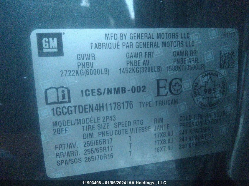 2017 Chevrolet Colorado Z71 VIN: 1GCGTDEN4H1178176 Lot: 11903498