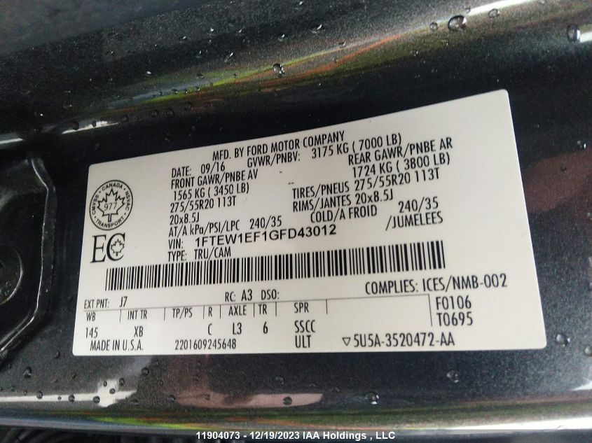 2016 Ford F150 Supercrew VIN: 1FTEW1EF1GFD43012 Lot: 11904073